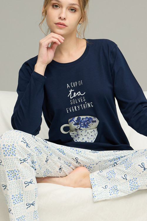 lacivert desenli Örme Pamuklu Pijama Takım25240247