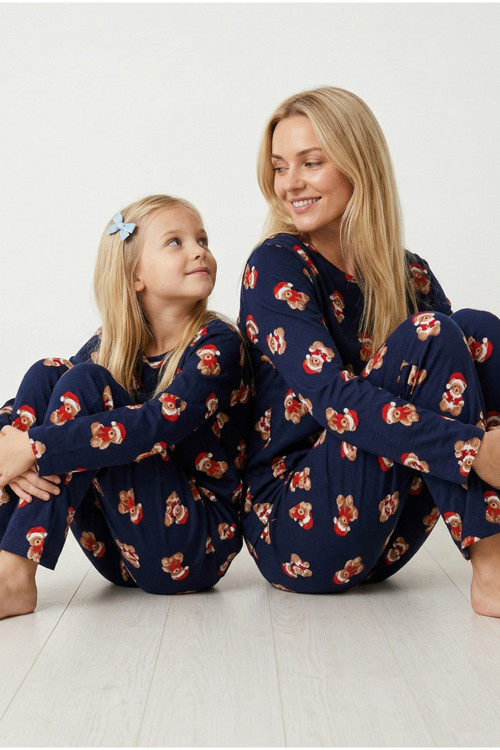 lacivert %100 Pamuklu ayıcık desenli yılbaşı temalı Örme Pijama Takım