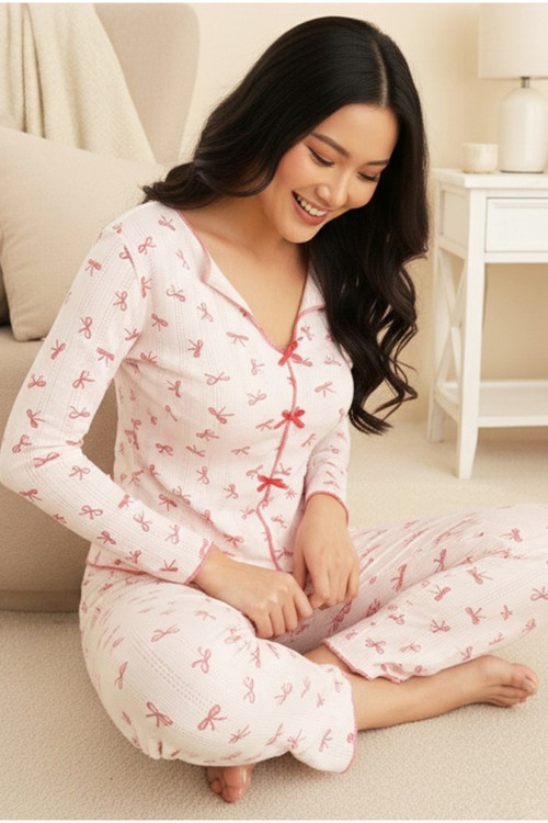 pembe Pamuklu Fiyonk Detaylı Ajurlu Delikli Örme Pijama Takım7927-4