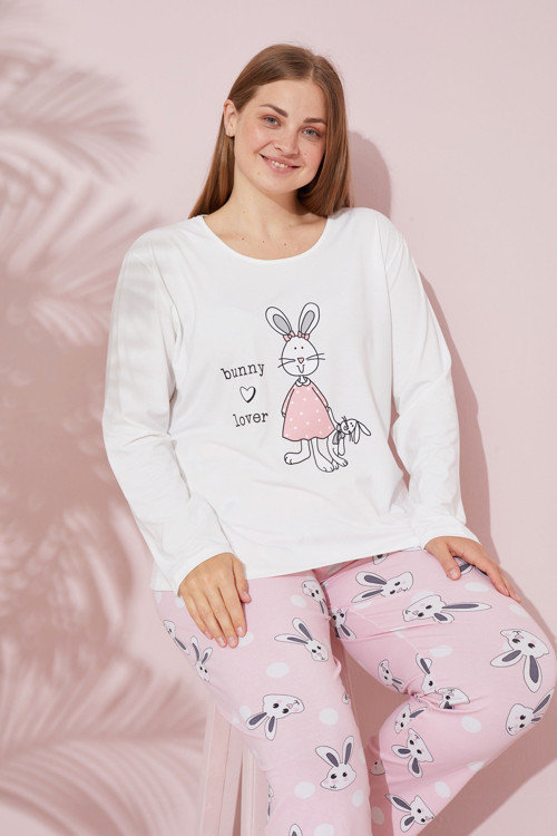 ekru baskılı Pamuklu Curve Büyük Beden Battal Boy Örme Pijama Takım 24240720
