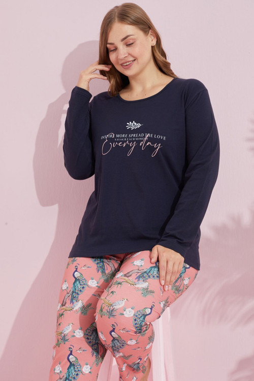 lacivert çokrenkli Pamuklu Curve Büyük Beden Battal Boy Örme Pijama Takım24240746