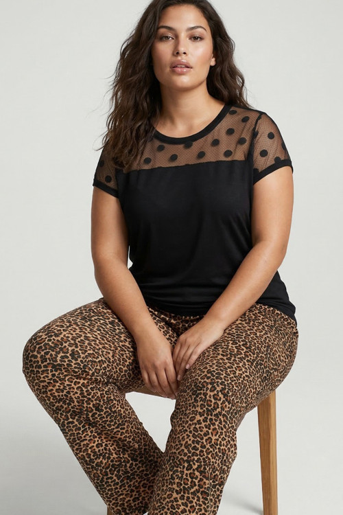 siyah leopar desenli Tül Detaylı Büyük Beden Battal Boy Viskon Örme Pijama Takım