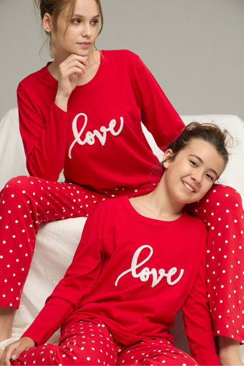 kırmızı puan desenli Pamuklu Bisiklet Yaka Örme Pijama Takım25241137