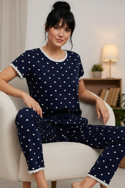 lacivert desenli Pamuklu Bisiklet Yaka Örme Pijama Takım