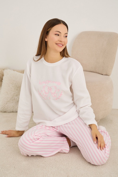beyaz pembe çizgili fiyonk Nakışlı Polar Kışlık Örme Pijama Takım