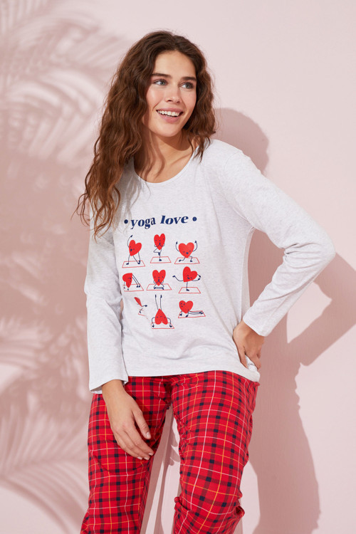 bej melanj baskılı Pamuklu Örme Pijama Takım 24240147