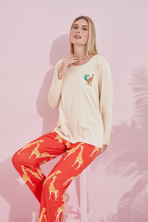 krem çokrenkli Pamuklu Örme Pijama Takım 24240167