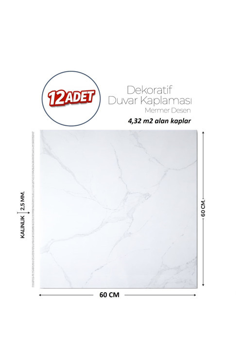 60X60 cm Kendinden Yapışkanlı Duvar,banyo,tezgah Arası Beyaz Mermer-12 Adet