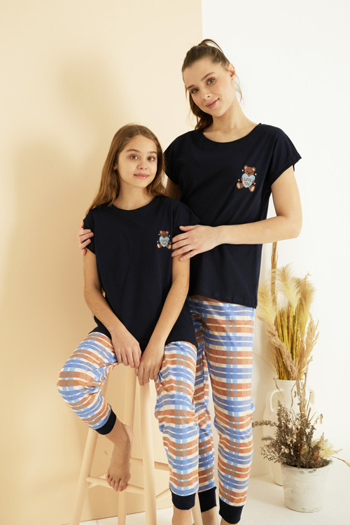 lacivert desenli Pamuklu Bisiklet Yaka Örme Pijama Takım25107135