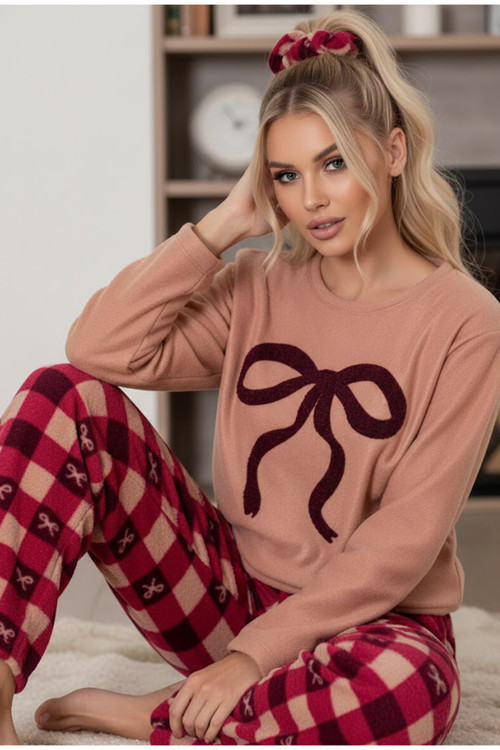 somon fiyonk Nakışlı Desenli Polar Kışlık Örme Pijama Takım