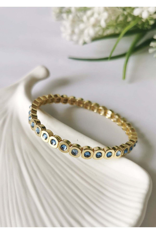 Mavi Zirkon Taşlı Çelik Bileklik – Lastikli Gold Tasarım