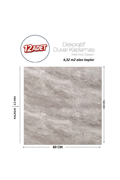 60X60 cm Kendinden Yapışkanlı Duvar,banyo,tezgah Arası Gri Mermer-12 Adet