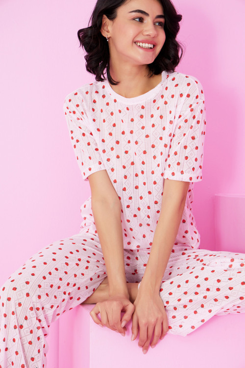 pembe çilek desenli Pointel Ajurlu/Delikli Bisiklet Yaka Örme Pijama Takım