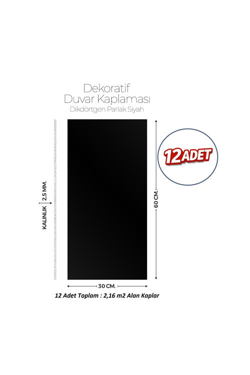 30X60 cm Kendinden Yapışkanlı Duvar,banyo,tezgah Arası Kaplama Parlak Siyah 12 Adet