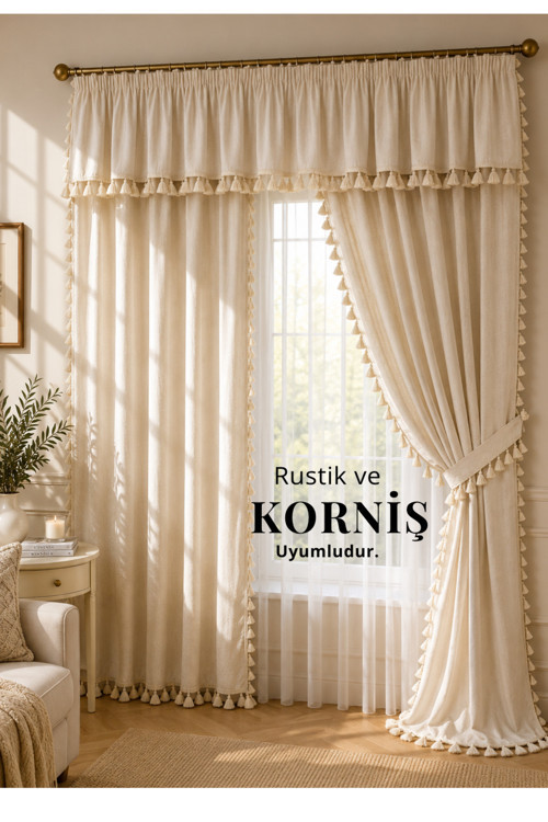 Püsküllü , Farbelalı Perde Takımı – 3’lü Set, Rustik & Korniş Uyumlu