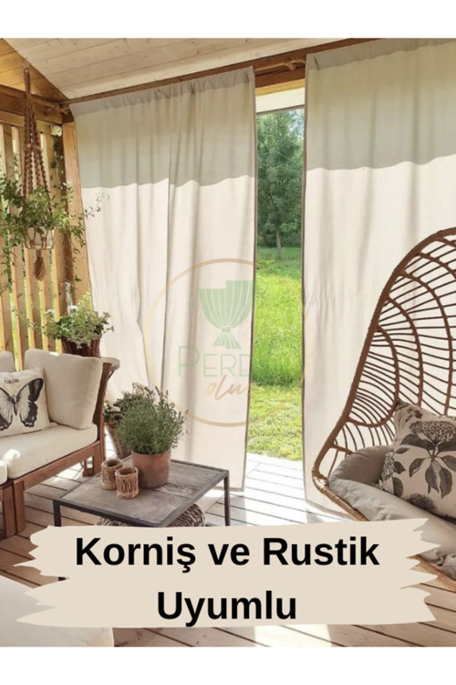 Buldan Keten Balkon Fon Perdesi Güneşlik, Korniş Uyumlu Tek Kanat Pamuklu Fon