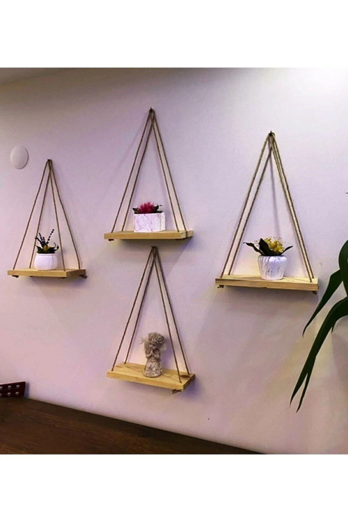 4 Adet Dekoratif Ahşap Halatlı Duvar Rafı, Kitaplık & Çiçeklik, En:9Cm Genişlik:25Cm