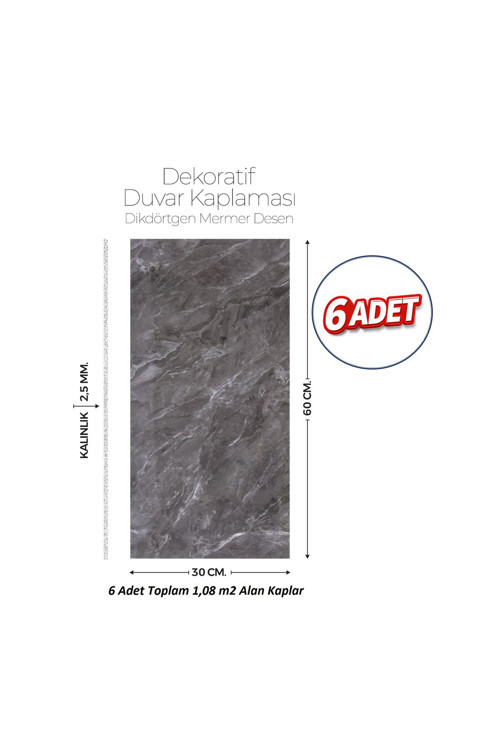 30X60 cm Kendinden Yapışkanlı Duvar,banyo,tezgah Arası Kaplama Antrasit Mermer 6 Adet
