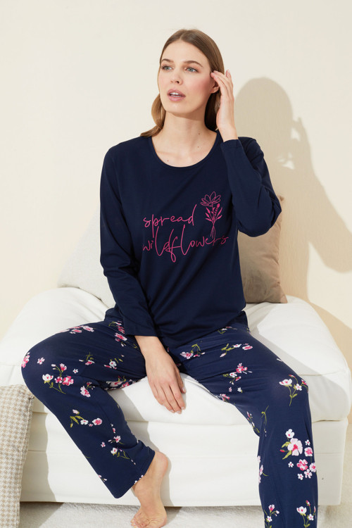 lacivert Baskılı Pamuklu Örme Pijama Takım 24240090