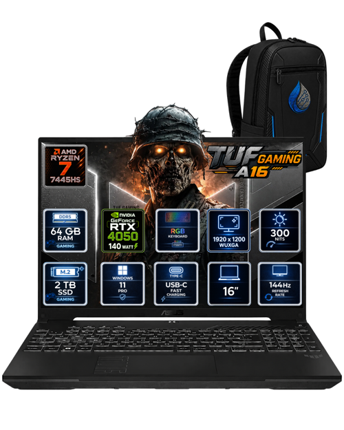 TUF Gaming A16 AMD Ryzen 7 7445HS 64 GB DDR5 2 TB SSD RTX 4050 6GB 16'' WUXGA IPS 144Hz Windows 11 Pro Gaming Lapto