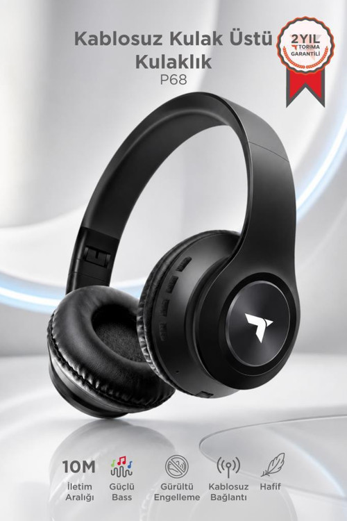 Bluetooth Kulaklık Kulak Üstü Kablosuz Stereo Kulaklık P68 Siyah
