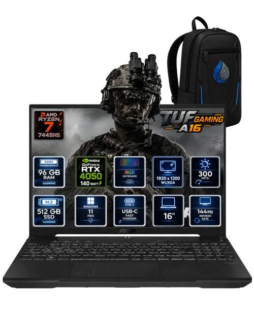 TUF Gaming A16 AMD Ryzen 7 7445HS 96 GB DDR5 512 GB SSD RTX 4050 6GB 16'' WUXGA IPS 144Hz Windows 11 Pro Gaming Lap