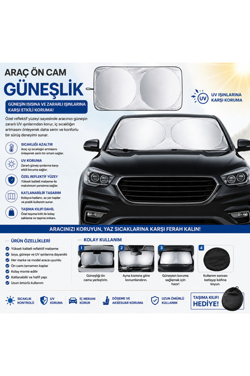 Araç Ön Cam Güneşliği Katlanabilir Oto Güneş Koruyucu UV Korumalı Ön Cam Gölgelik