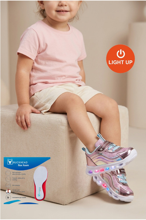 Buck4246-Pink-Blue Trio Shiny Hologram Jr Bebek & Çocuk Spor Ayakkabı Işıklı