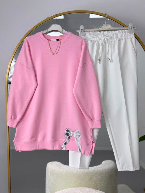 Kurdele Nakışlı Tesettür Tunik Pantolonlu Takım Pembe