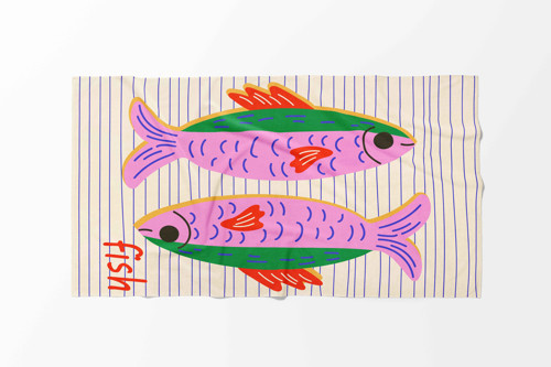 FISH-02 Çizgili Zeminli Renkli Balık Desenli Dekoratif Modern Mutfak Havlusu/Kurulama Bezi 35x55