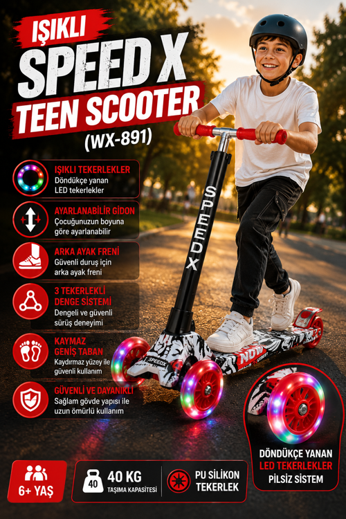 Kırmızı Tekerlekli Işıklı SpeedX Teen Scooter WX-891 3 Tekerlekli Ayarlanabilir Gidonlu Çocuk Scooter