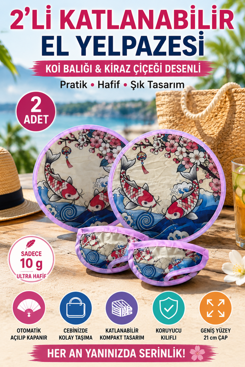 2'li Koi Balığı Desenli Katlanabilir El Yelpazesi Japon Stili Kılıflı Yuvarlak Cep Yelpazesi Hafif