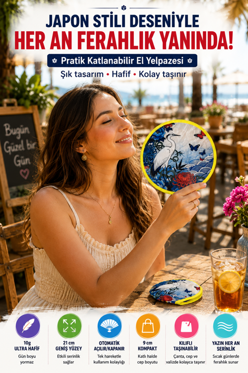 Japon Stili Katlanabilir El Yelpazesi Kılıflı Yuvarlak Cep Yelpazesi Kuş Kelebek Desenli Pratik
