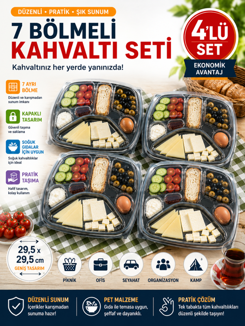 4'lü Set Tabldot 7 Bölmeli Kapaklı Kahvaltı Seti PET Piknik Ofis Brunch Servis Kabı 29,5cm XL