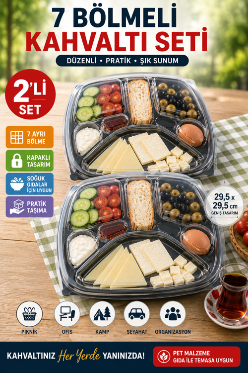 2'li Set Tabldot 7 Bölmeli Kapaklı Kahvaltı Seti PET Piknik Ofis Brunch Servis Kabı 29,5cm XL