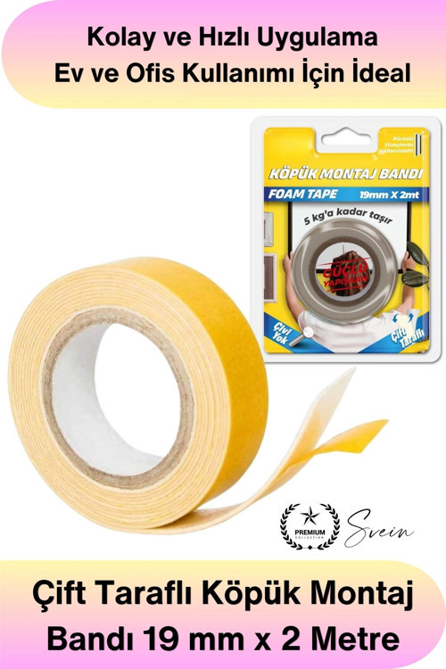 #KöpükBant 5 Kg Çift Taraflı Köpük Montaj Bandı 19mm 2 Metre Güçlü Yapışkan Duvar Bant Beyaz Çerçeve