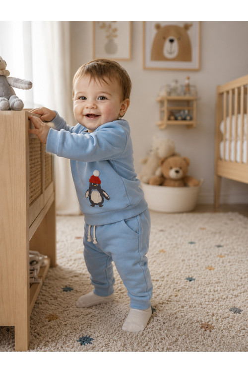 Penguen Baskılı 2'li Erkek Çocuk Takımı – Sweatshirt ve Jogger Alt | Günlük Bebek Eşofman Takımı