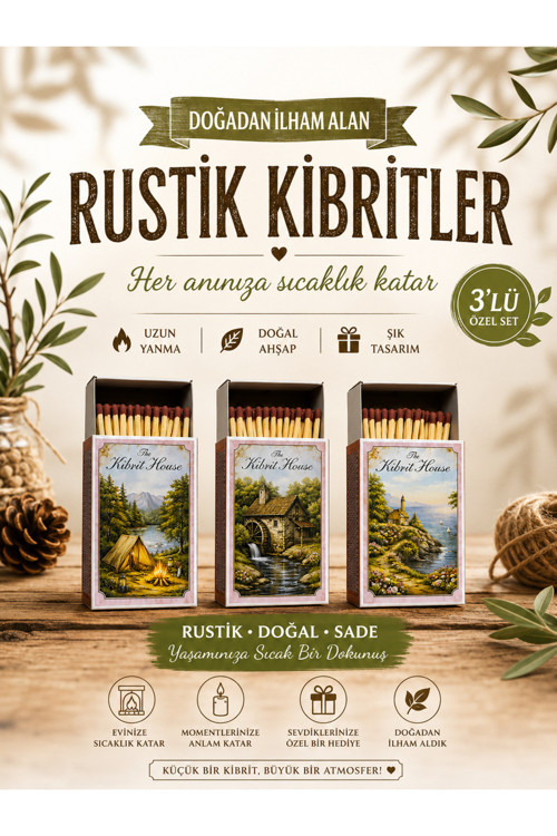 3’Lü Rustik Doğa Temalı Mum Yanı Konsept Kibritler