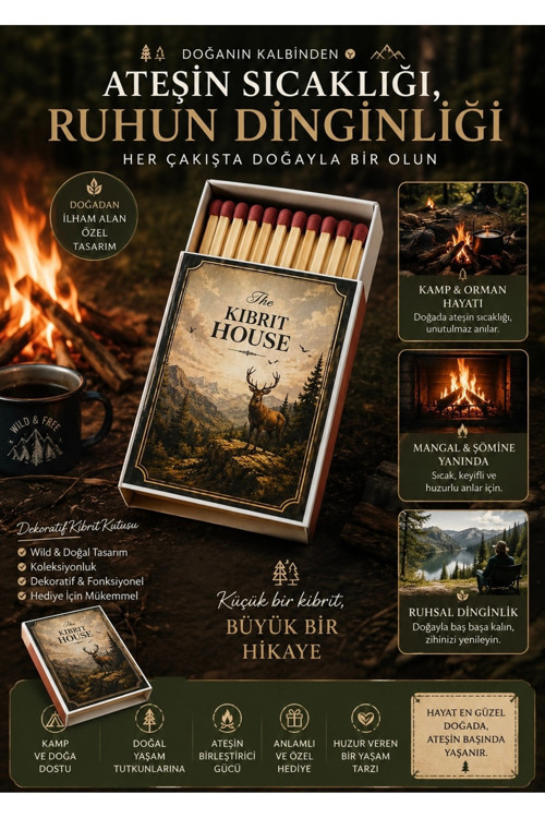 Wild Nature Koleksiyonu Dekoratif Kibrit Kutusu – Kamp, Şömine ve Doğa Temalı Özel Tasarım Kibritler