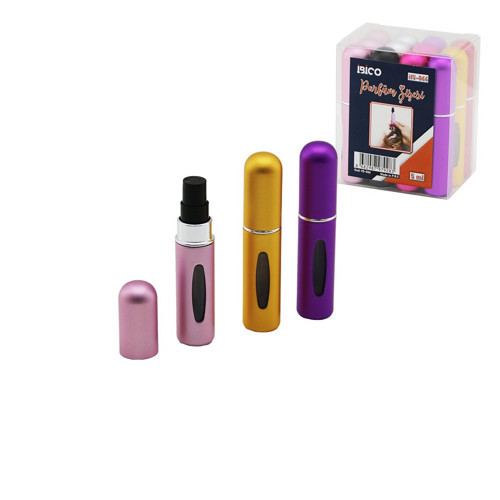 12 ADET MİNİ=CEP - ÇANTA BOY BOŞ SPREY PARFÜM ŞİŞESİ 5ML RENKLİ PLS. SEVİYE PENCERELİ (50001)