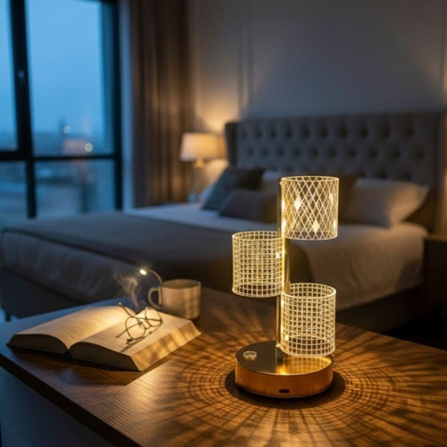 3 Parça Silindirik Kristal Ekose Kareli LED Masa Lambası – Gold Gövdeli, Dokunmatik, 3 Kademe Işık A