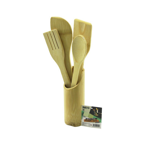 5PCS AHŞAP BAMBU MUTFAK SETİ STAND - KAŞIK - ÇATAL - 2 SPATULA FİLELİ (50001)