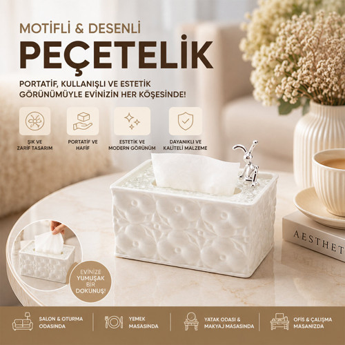 18.4X12.5X9CM BEYAZ YAYLI MASAÜSTÜ DEKORATİF DİKDÖRTGEN PEÇETELİK (50001)