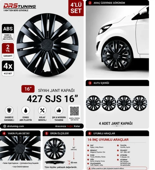 Citroen Uyumlu 16 Inc Kırılmaz Parlak Siyah Jant Kapağı 1 Takım 4 Adet No:427