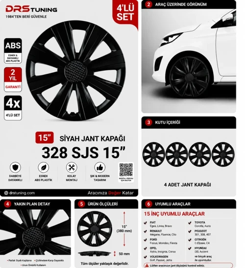Honda Uyumlu 15 Inç Kırılmaz Parlak Siyah Jant Kapağı 1 Takım 4 Adet No:328