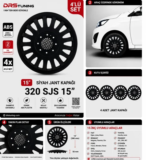 Chery Uyumlu 15 Inc Kırılmaz Parlak Siyah Jant Kapağı 1 Takım 4 Adet No:320