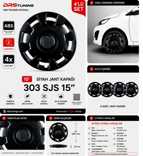 Renault Uyumlu 15 Inç Kırılmaz Parlak Siyah Jant Kapağı 1 Takım 4 Adet No:303