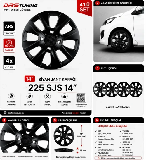 Volkswagen Uyumlu 14 Inç Kırılmaz Parlak Siyah Jant Kapağı 1 Takım 4 Adet No:225