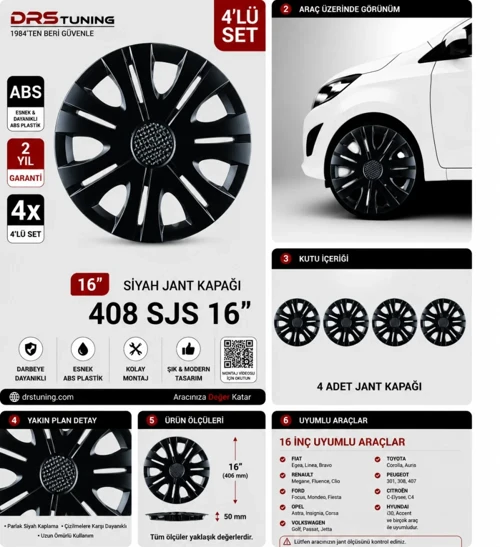 Toyota Uyumlu 16 Inç Kırılmaz Parlak Siyah Jant Kapağı 1 Takım 4 Adet No:408