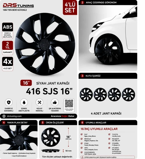 Seat Uyumlu 16 Inç Kırılmaz Parlak Siyah Jant Kapağı 1 Takım 4 Adet No:416
